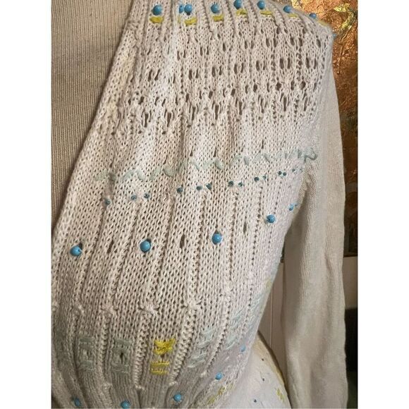 Anthropologie Moth Lazuli Beaded White Tie Front Linen Blend Cardigan Sweater S - Picture 9 of 13